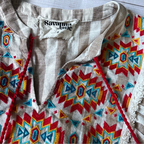 Savanna Jane Aztec Embroidered Ruffle Sleeve Too in Red White Blue Tan size S - Picture 11 of 14